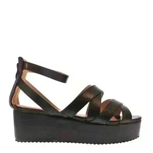 NIB KOI Footwear Women's Black Elizabeth Cross Strap Flat Form Wedge